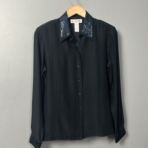 Jones New York Navy Embellished Sequin Collar & sleeve Button-Up Shirt sz 10